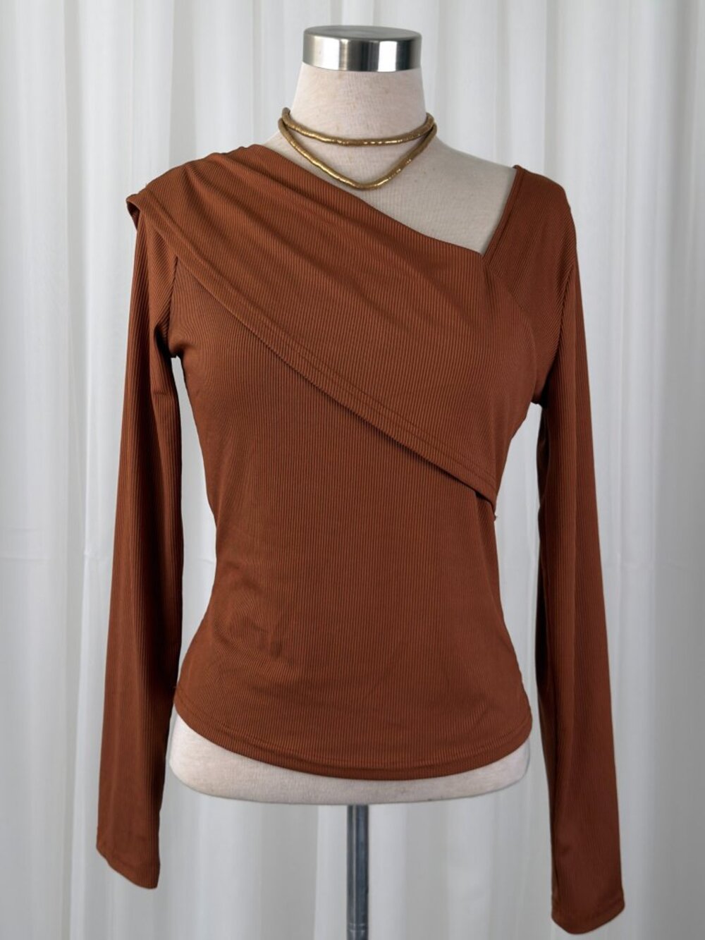 Asymmetrical Ribbed Wrap Top Long Sleeve Rust Terracotta Womens Size M